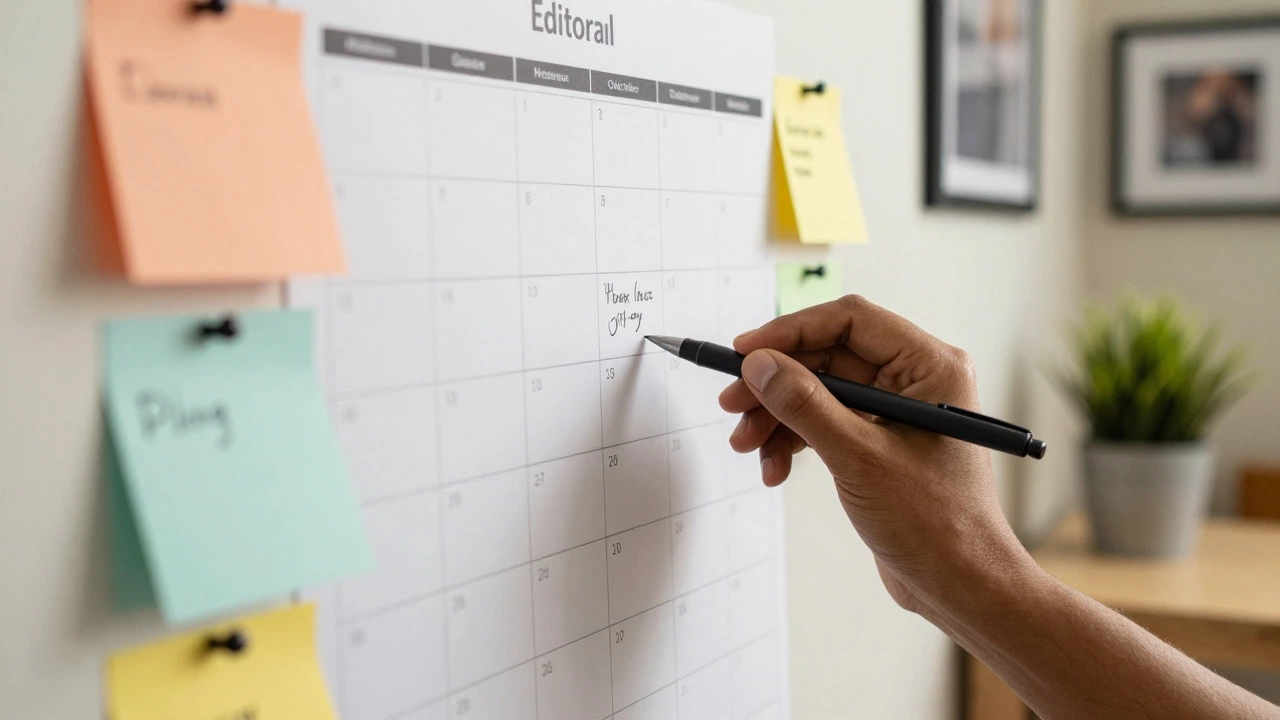 Hand marking dates on a physical editorial calendar wall