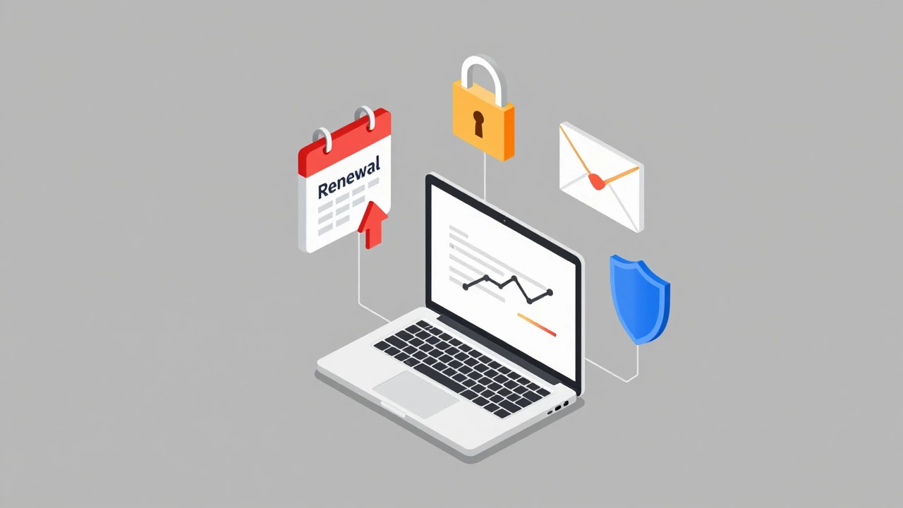 Isometric illustration of a laptop with icons representing hidden hosting costs like renewal and SSL