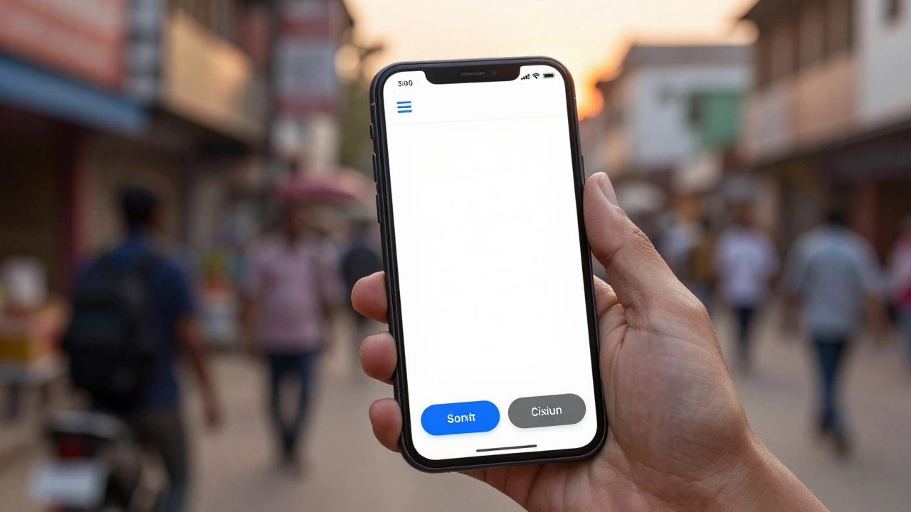 Smartphone displaying responsive mobile website layout against urban backdrop