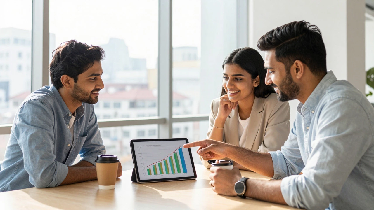 Three young professionals collaborating in a bright co-working space, discussing content strategy
