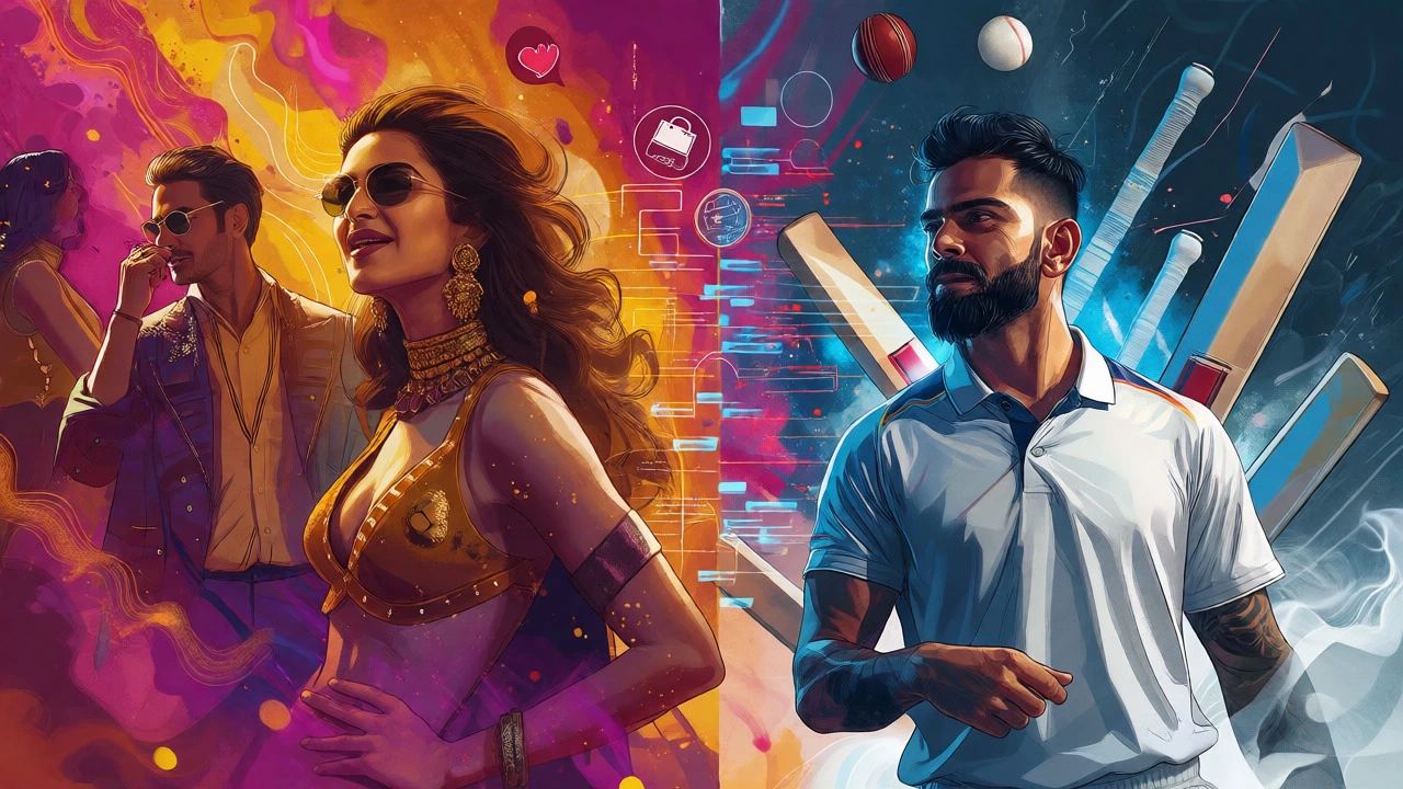 Artistic contrast between Bollywood stars and cricket athletes with digital effects