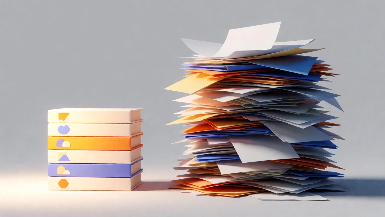 Comparison between a tidy stack of files and a chaotic pile of papers.