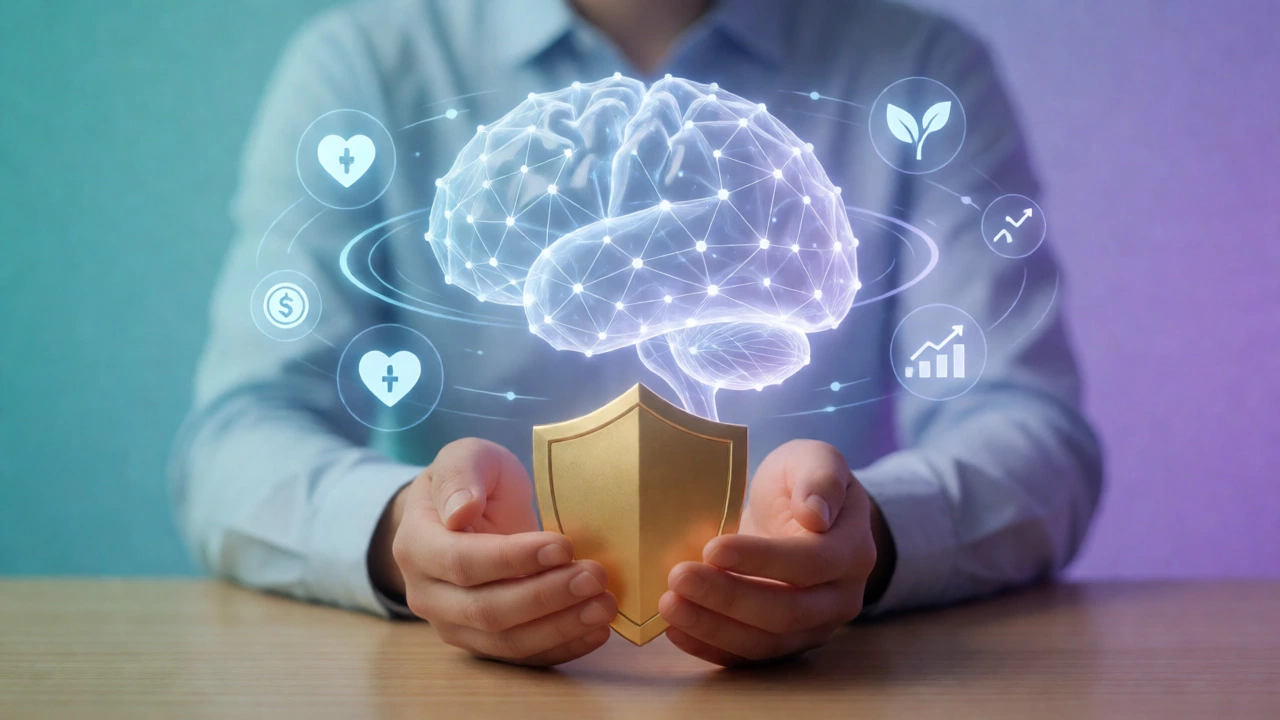 Conceptual art showing human hands holding a shield beneath a digital AI brain