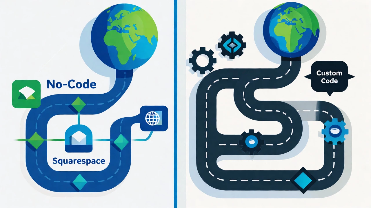 Conceptual illustration comparing no-code and custom coding website paths