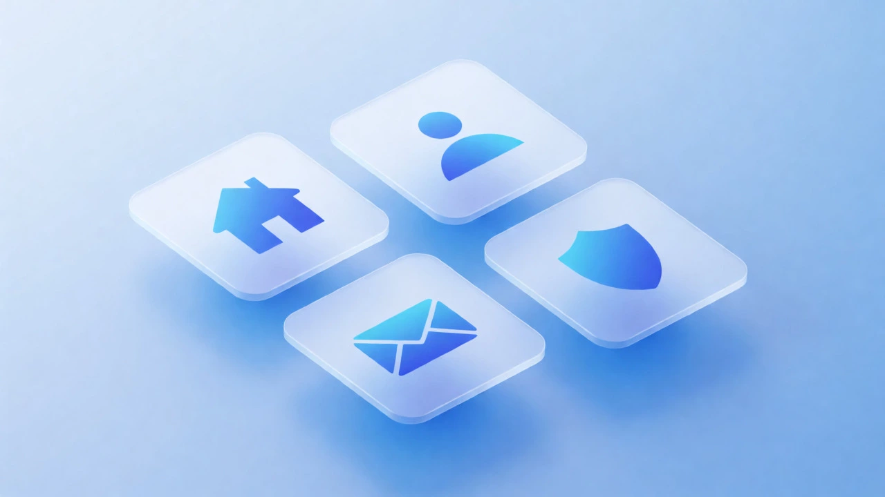 Four floating digital cards with icons for home, about, contact, and privacy.