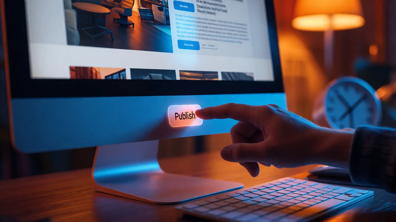 Hand clicking publish button on a computer launching a new website