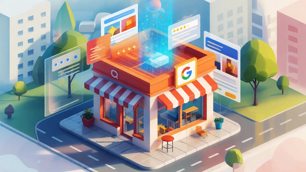 Local business storefront surrounded by floating digital search results