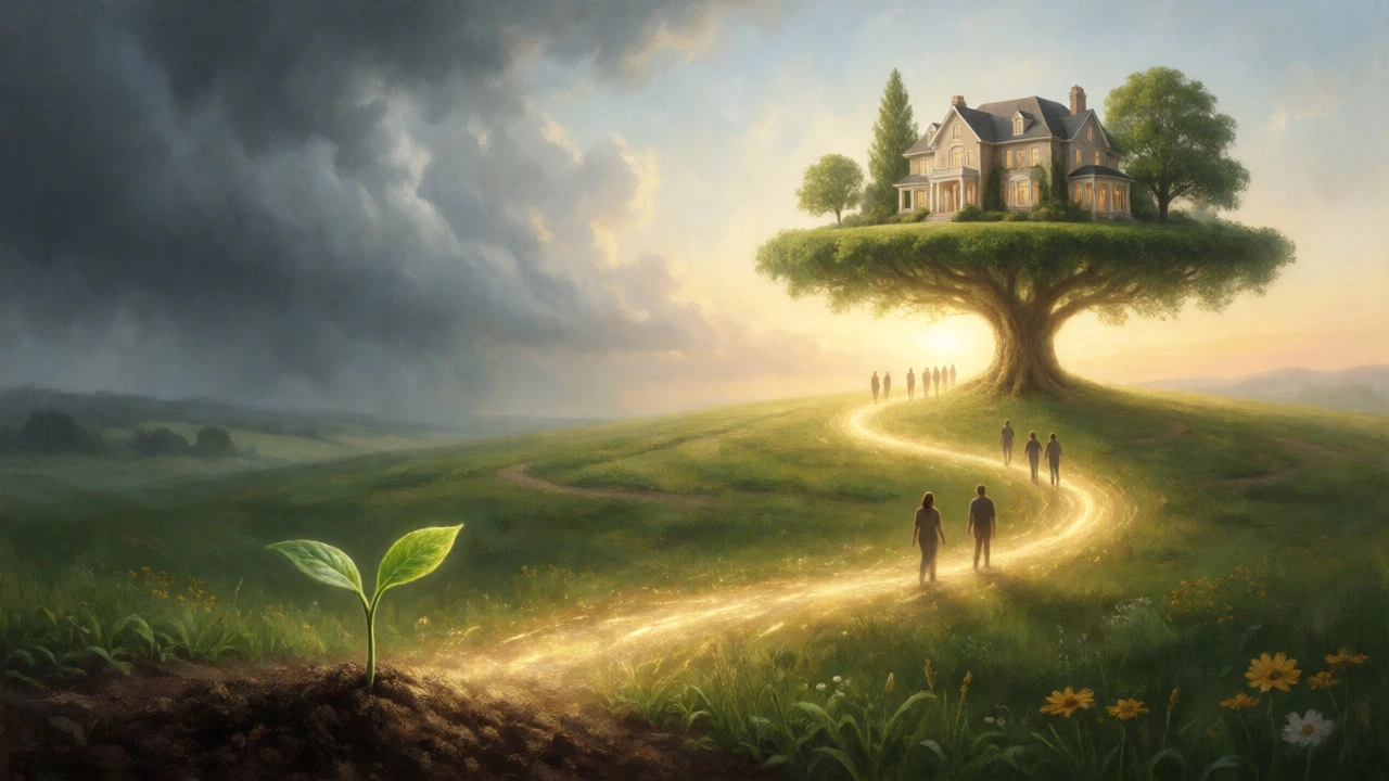 Surreal path from small seedling to large tree symbolizing blogging growth.