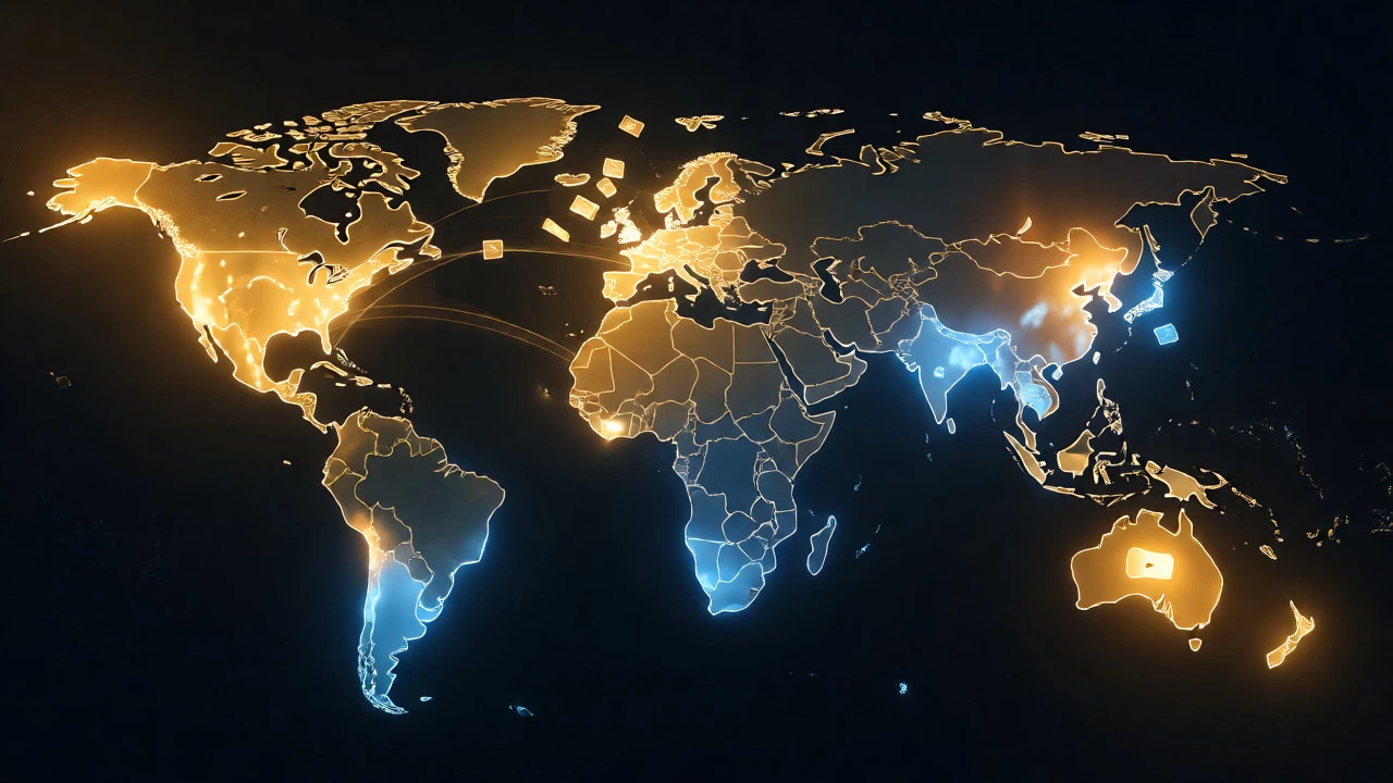 World map highlighting high-ad-revenue regions in gold and low-revenue in blue