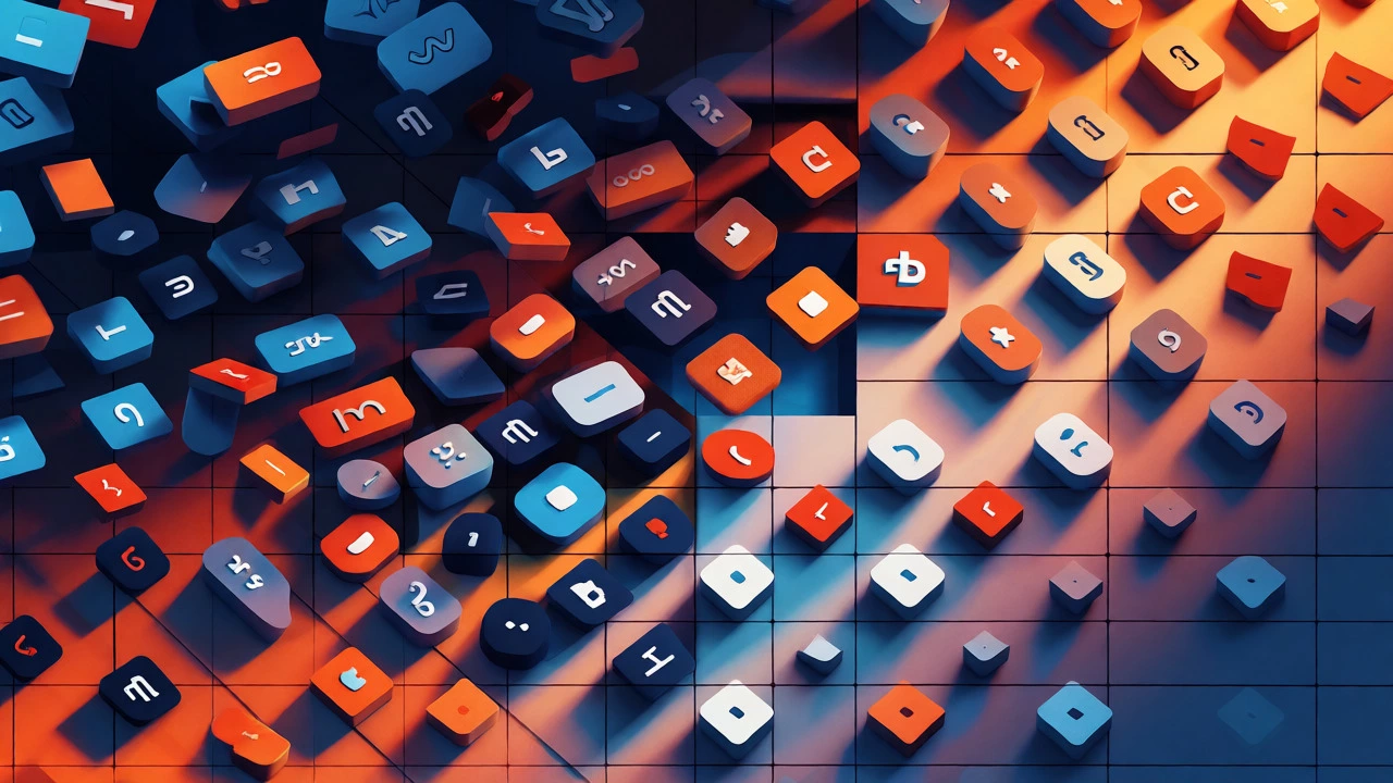 Digital art contrasting chaotic design elements with a consistent, aligned grid.