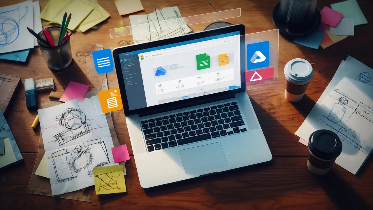 Organized desk with laptop showing a portfolio site and Drive icons