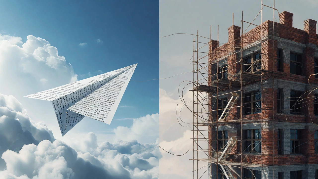 Paper airplane made of code flying next to a brick building