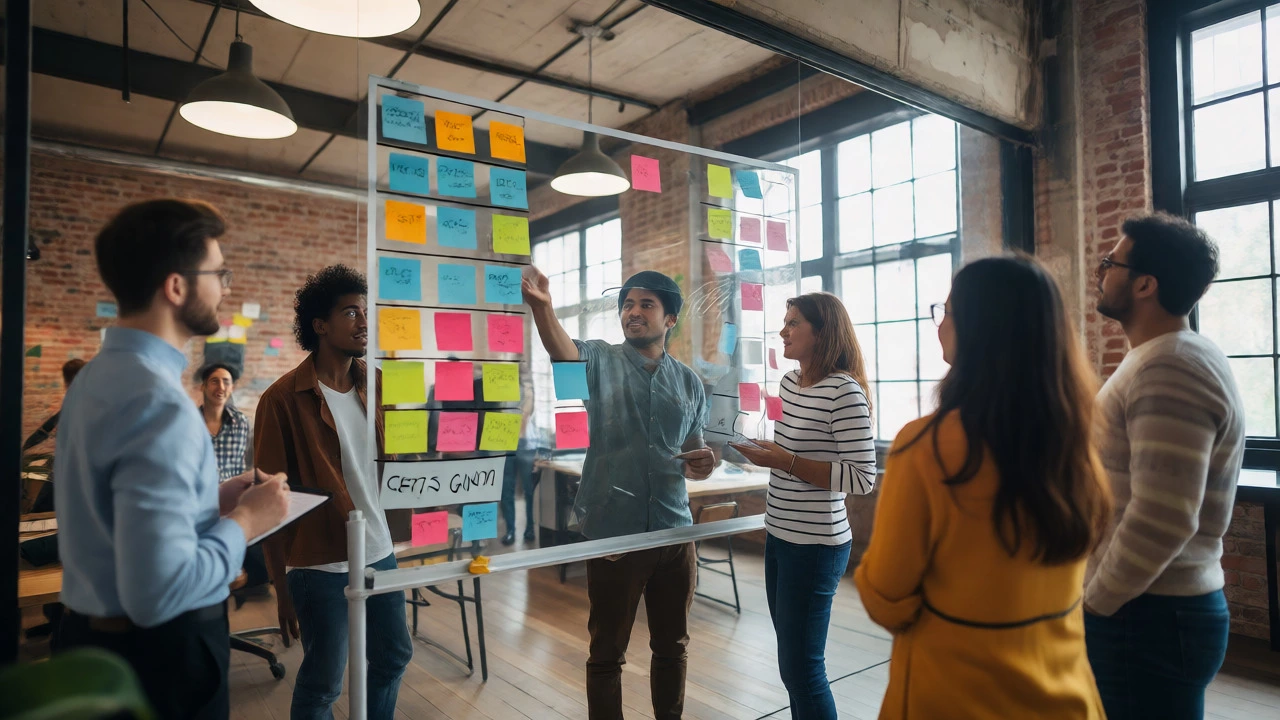 Team collaborating on SEO strategy with colored sticky notes on a glass board